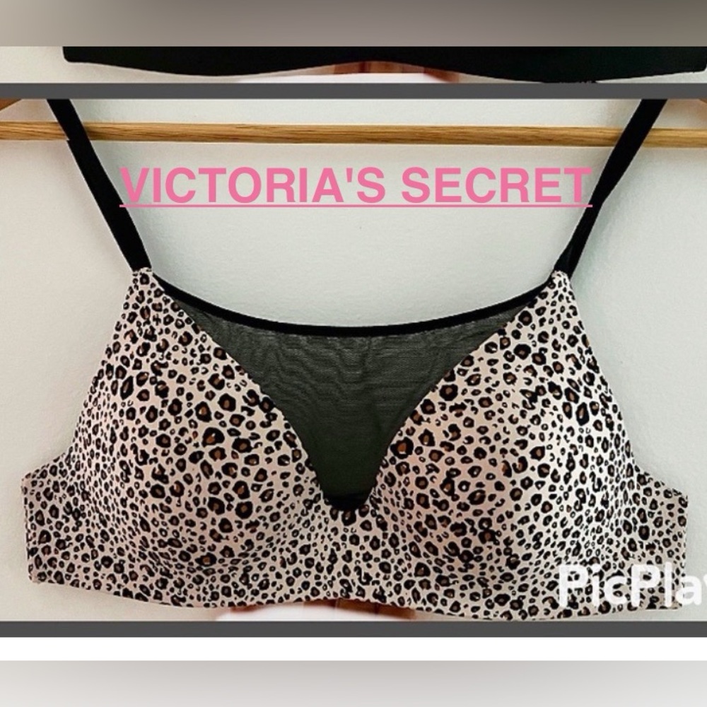 Victoria's Secret Wireless 32A Cheetah Black Sheer Mesh Insert Padded Bra EUC